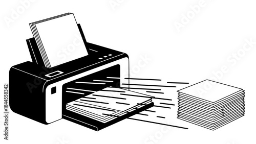 Printer printing documents, paper coming out, flat vector illustration, motion lines, clean modern design, office workflow concept