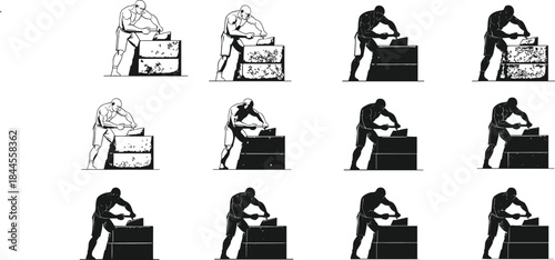 Chiseling silhouette, transformation sequence, muscular figure, block carving, artistic evolution, self-improvement concept, shading progression, creative process, sculpture action, visual metaphor