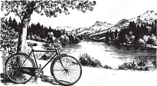 Bicycle silhouette in a serene landscape. Monochrome vector illustration featuring a river, trees, and mountains, capturing recreation and exploration.