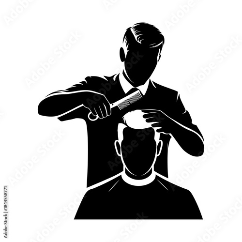 black silhouette barber cutting client hair with comb professional hairstyling service vector