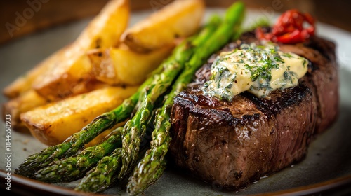Steak with garlic butter sauce served with grilled asparagus and crispy potato wedges fine dining lighting