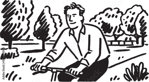 Man riding a bicycle in a park. Outdoor vector illustration featuring trees and a simple, flat design.