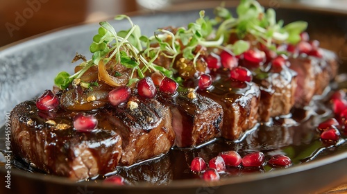 Steak with pomegranate glaze and caramelized onions plated with gold-dusted microgreens high-end gourmet concept