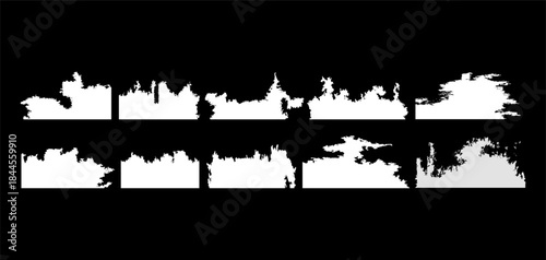 Set of  white silhouette illustrations showing abstract building and architectural structure outlines isolated on a dark background, suitable for modern graphic and creative design use.