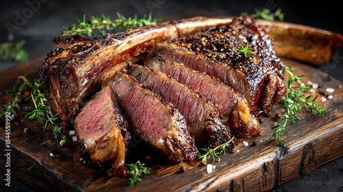 Tomahawk steak with crispy crust sliced and served on a rustic wooden board with fresh herbs high detail