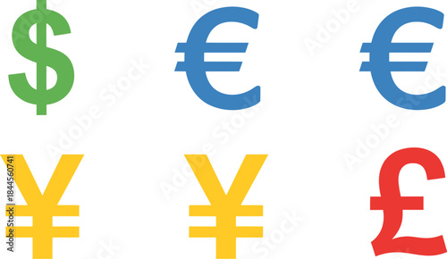 Currency symbols dollar, euro, yen, pound sterling icons