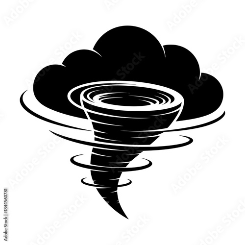black silhouette tornado funnel cloud with swirling wind lines minimalist weather vector icon