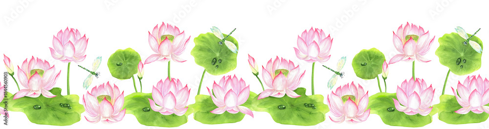 Fototapeta premium Pink lotus water flowers, green leaves, flying dragonflies in seamless border. Chinese garden clipart. Hand-drawn watercolor illustration for Asian-themed designs, tablecloth runners, packaging
