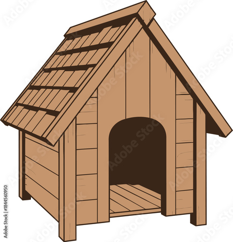 Wooden dog house illustration with shingled roof