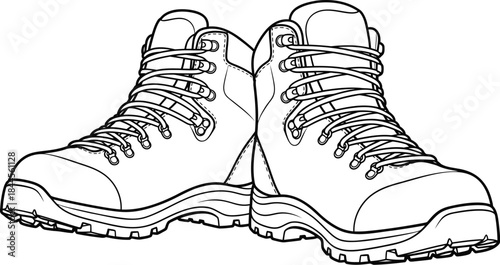 Black and white line drawing of a pair of hiking boots