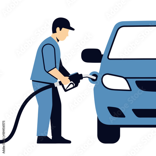 Gas station attendant in blue uniform and cap fueling a blue car with a black nozzle.