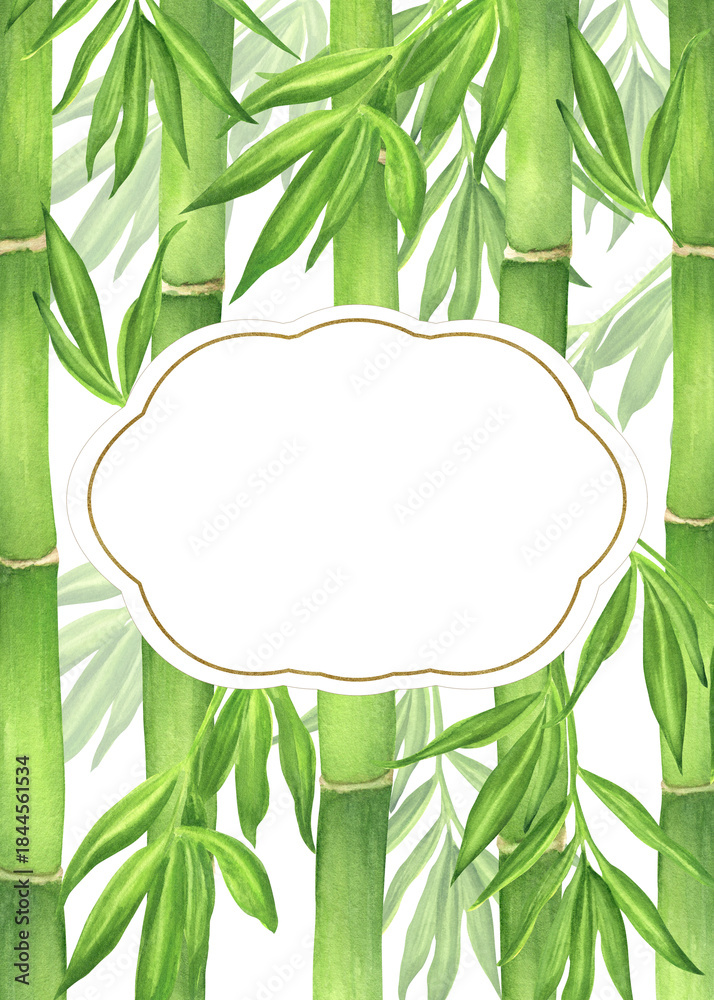 Obraz premium Pre-made postcard with green bamboo stems and leaves on background and copy space for text. Chinese Japanese garden clipart. Hand-drawn watercolor illustration for Asian-themed design, postcard