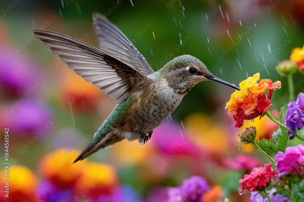 Obraz premium Hummingbird in gentle rain, sipping nectar from vibrant flower