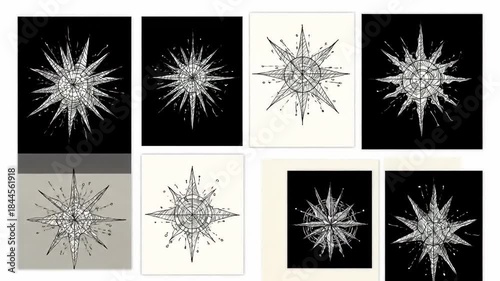 Collage of eight drawings displaying different variations of a compass rose on various backgrounds