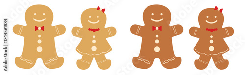 Holiday gingerbread of snowman, smiling girl in dress and boy with bow and buttons. Happy New Year decoration in flat style isolated on white vector
