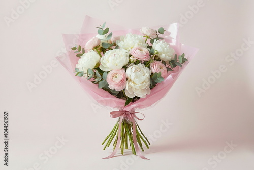 Bouquet of flowers with a floral design white peonies, pink ranunculus and soft eucalyptus branches , wrapped in crisp pink transparent paper with ribbon. Pale pink background. Copy space