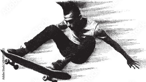 Skater jumping on a skateboard in action. Monochrome vector illustration showcases modern sport energy in a dynamic style.