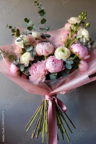 Bouquet of flowers with a floral design pink peonies, white ranunculus and soft eucalyptus branches , wrapped in crisp pink transparent paper with ribbon. Grey background, Vertical