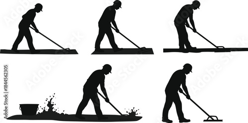 Concrete Spreading Silhouettes with Rake and Screed Tools, Black Figures in Wet Surface Work, Construction Task Sequence, Manual Labor Process