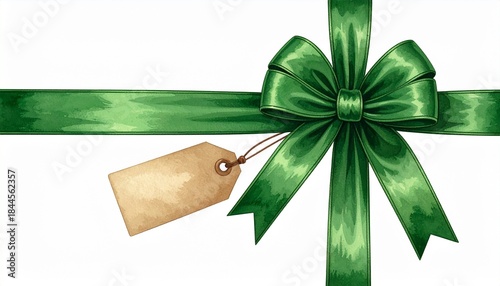 Glossy green ribbon bow with blank brown gift tag on white background, perfect for holiday packaging.