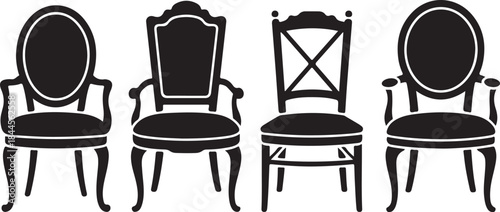 Elegant antique chair set for sophisticated interiors, classic furniture designs for luxury homes and upscale restaurants, vector style furnishings silhouette a white backgraound