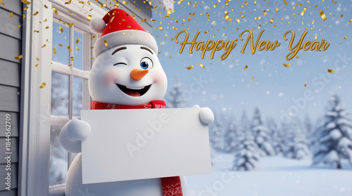 Whimsical 3D snowman in a Santa hat winking and smiling, peeking from a window, holding a blank sign amidst falling gold confetti, conveying festive holiday cheer and a Happy New Y
