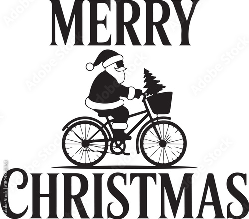 Funny holiday character with gifts. Santa Claus riding a bicycle and Merry Christmas typography clean silhouette vector illustrationm