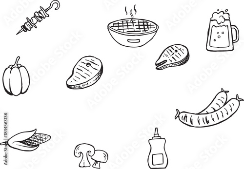 A charming collection of hand-drawn barbecue and grilling elements, perfect for illustrating outdoor summer cooking events and delicious food scenes