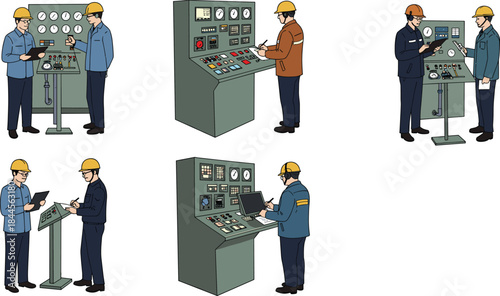 Control panel operators, industrial teamwork, monitoring equipment, safety helmets, technical discussion, engineering process, factory inspection, data analysis, gauges, switchboard interaction