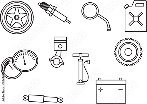 Collection of automotive and mechanical parts icons, featuring wheels, engines, and diagnostic tools for vehicle maintenance and repair concepts