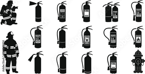 Silhouette fire extinguishers and firefighter figures illustrating emergency safety equipment, fire protection tools, hazard prevention icons and firefighting response concept design