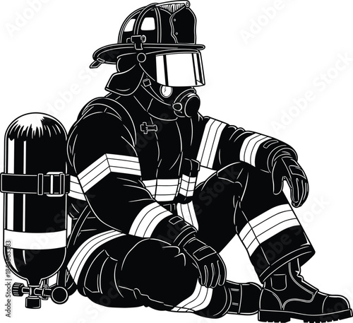 Silhouette firefighter sitting in full protective gear, helmet, mask, and oxygen tank, expressing bravery, strength, exhaustion, dedication, emergency response moment