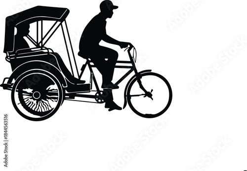 Silhouette illustration of traditional cycle rickshaw with driver and passenger, vintage transportation vehicle design used for urban travel and street scenes