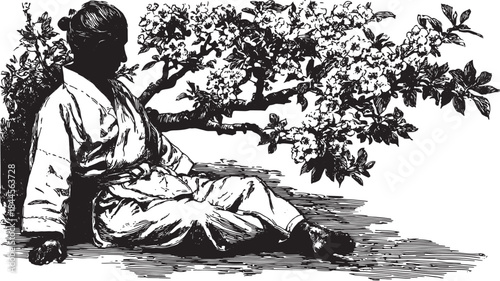 Silhouette of a man sitting under a flowering tree. Vintage vector illustration depicting nature and tranquility in a simple style.