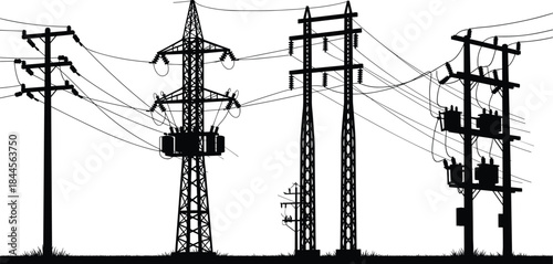 Silhouette of power lines and electrical utility poles with high-voltage transmission towers, industrial energy infrastructure illustration for engineering, technology and urban landscape themes