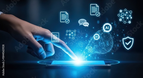 Hand touching smartphone activating digital interface with ai, document, network, security icons, for automated workflow, intelligent data analysis, reliable business process management
