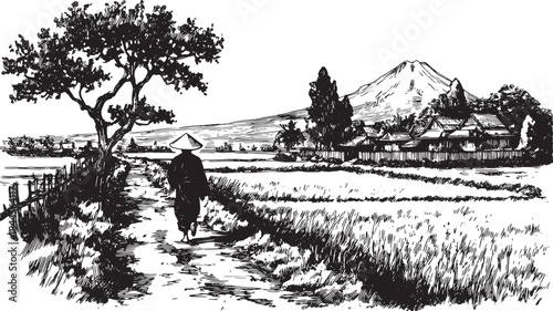 Rural landscape with a mountain view. A farmer walks along a path through fields in this black and white vector illustration.