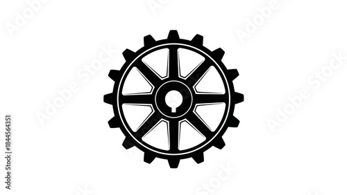 black and white mechanical gear symbol with spokes and a central hole