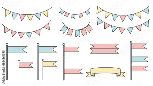 Set of vector illustrations featuring colorful party pennant banners, flags, and ribbon banners in a flat design style
