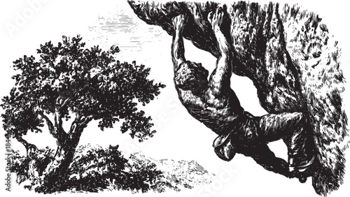 Silhouetted climber on a rock cliff. Black and white vector illustration showcasing outdoor adventure in a dynamic style.