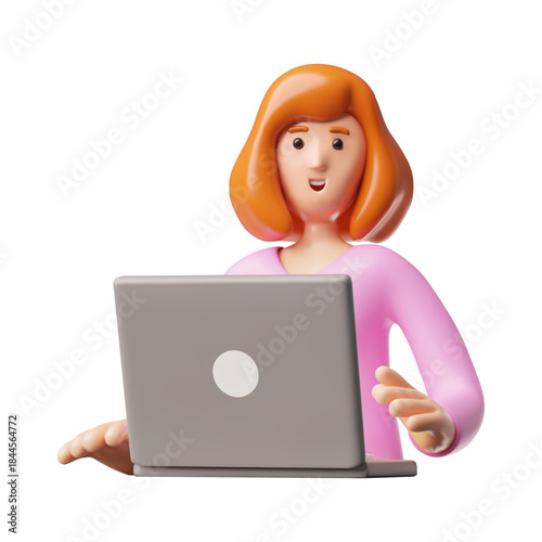 Businesswoman works on a laptop, vector 3D cartoon female in pink blouse, manager office employee on workplace