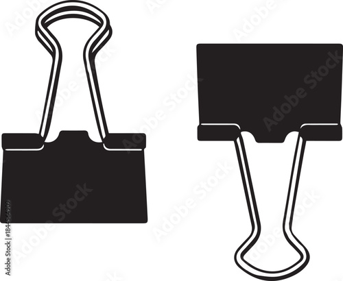 Pair of binder clips, office supply minimalist black and white vector illustration