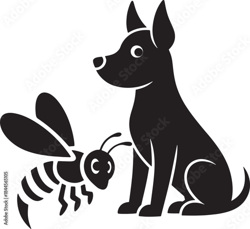 Black and white cartoon dog bee fly black  vector illustration