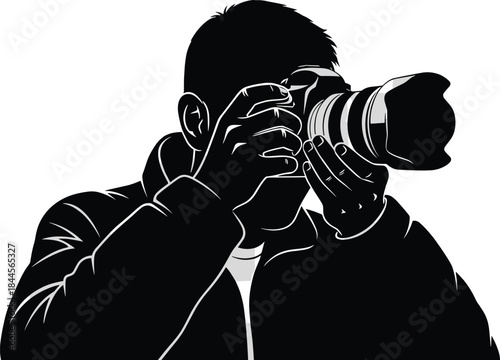 Photographer silhouette with camera, black and white vector, professional photo shoot, artistic posture, media concept, visual storytelling icon