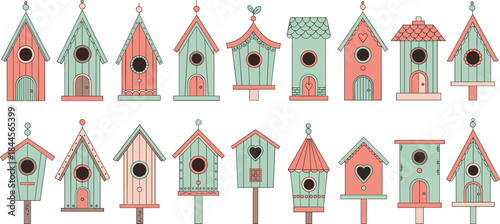 Cute Decorative Birdhouse Set with Different Shapes Colors and Styles in Flat Cartoon Vector Illustration