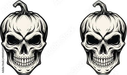 Pumpkin skull illustration, Halloween fusion art, spooky seasonal design, bold black and white contrast, creepy tattoo concept, horror vector icon