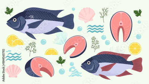 Colorful Marine Life Illustration Featuring Fish Shells and Sea Elements
