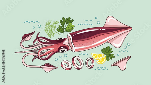 Illustration of Freshly Prepared Squid with Lemon and Herbs on Light Background