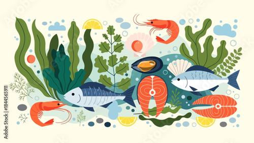 Colorful underwater scene featuring various fish and marine life in vibrant