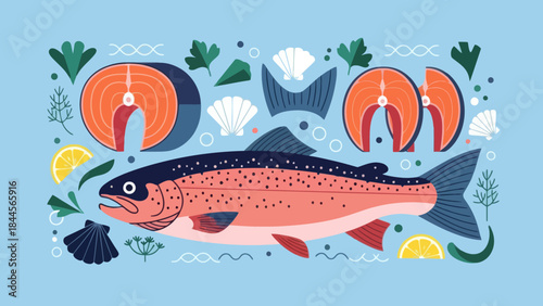 Colorful Illustration of a Fresh Salmon Fish with Underwater Elements